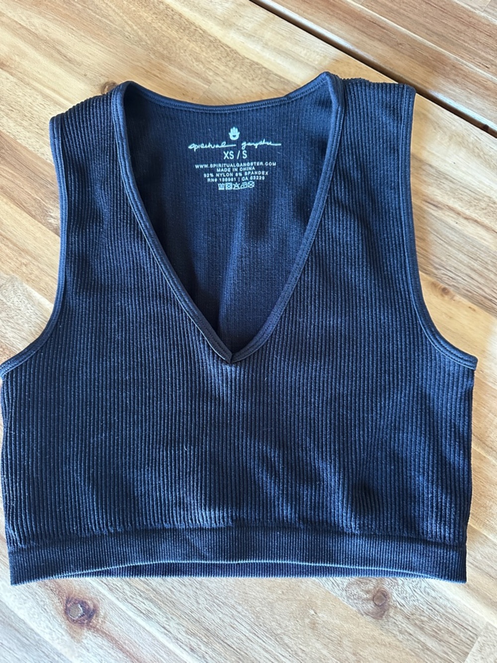 Spiritual Gangster Black Ribbed V-Neck Cropped Tank